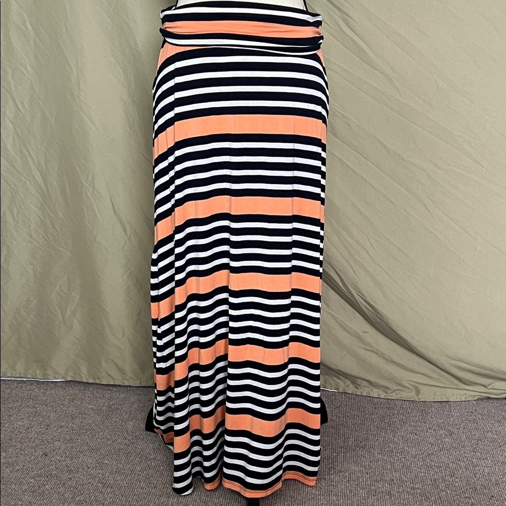 Summer stripe fold over long rayon spandex maxi skirt navy orange white M